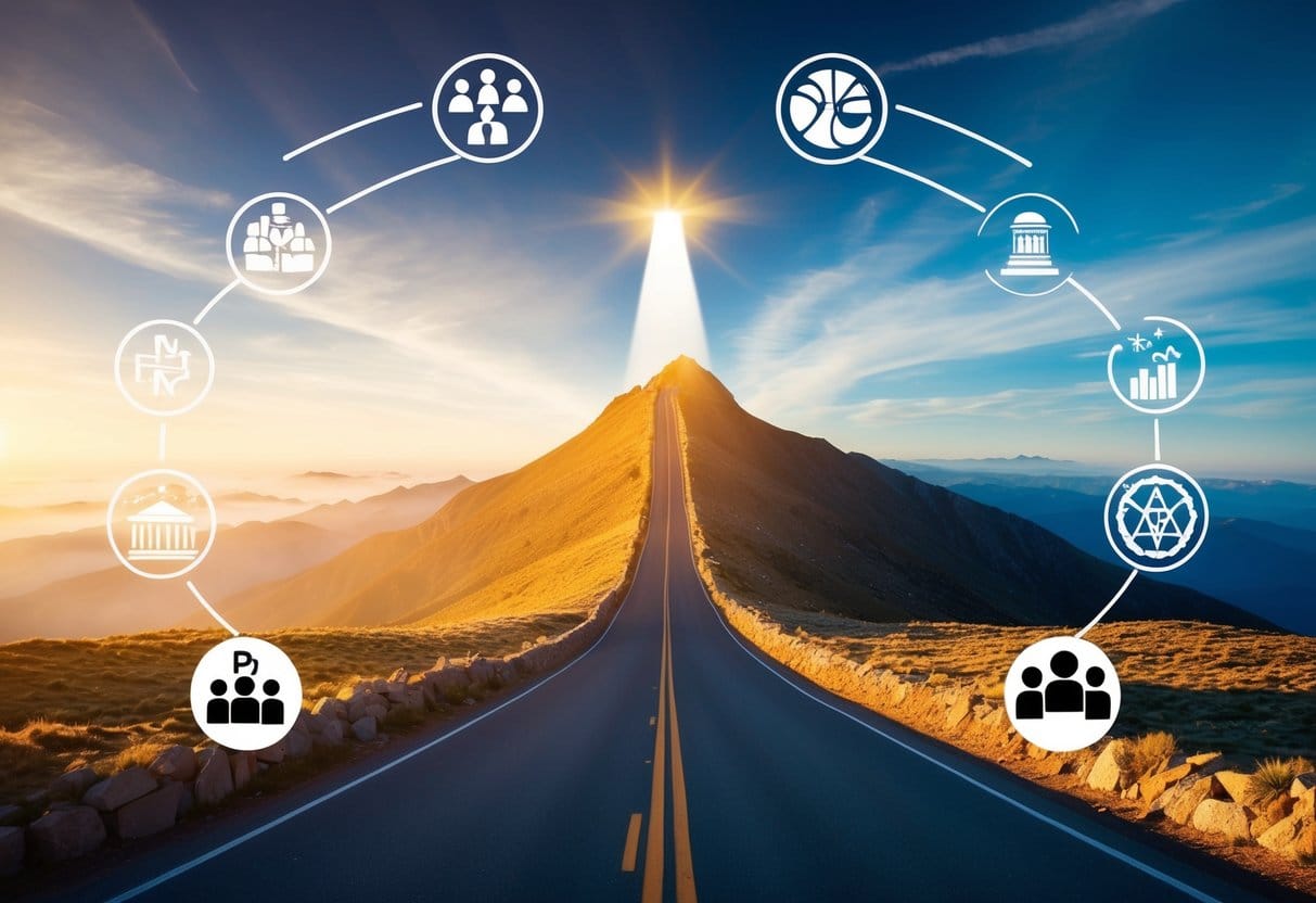 A winding road leading towards a shining beacon atop a mountain, surrounded by symbols representing mission, vision, and core values