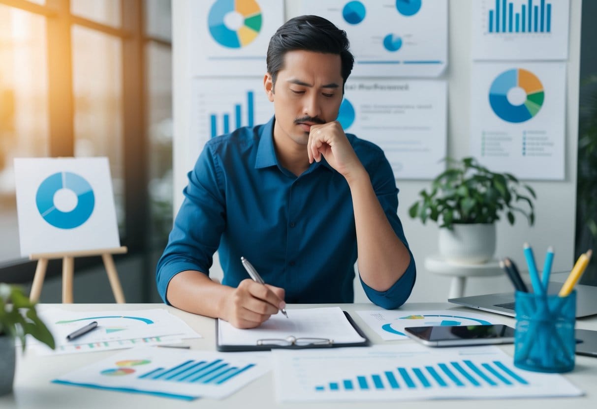 A person sitting at a desk with a pen and paper, surrounded by charts, graphs, and notes, deep in thought while conducting a self-assessment and SWOT analysis for personal goals