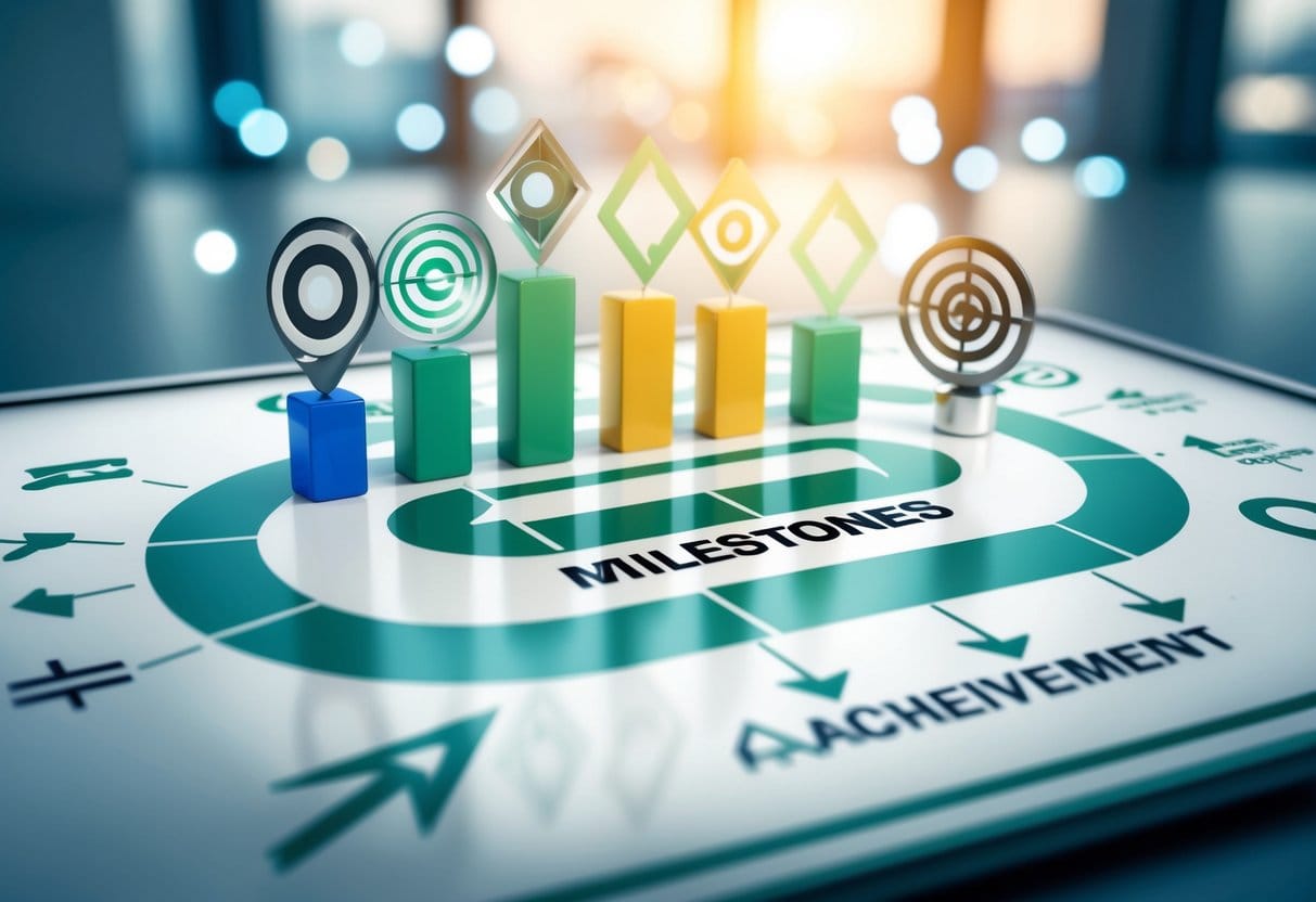 A clear roadmap with milestones and targets, surrounded by arrows and symbols representing progress and achievement