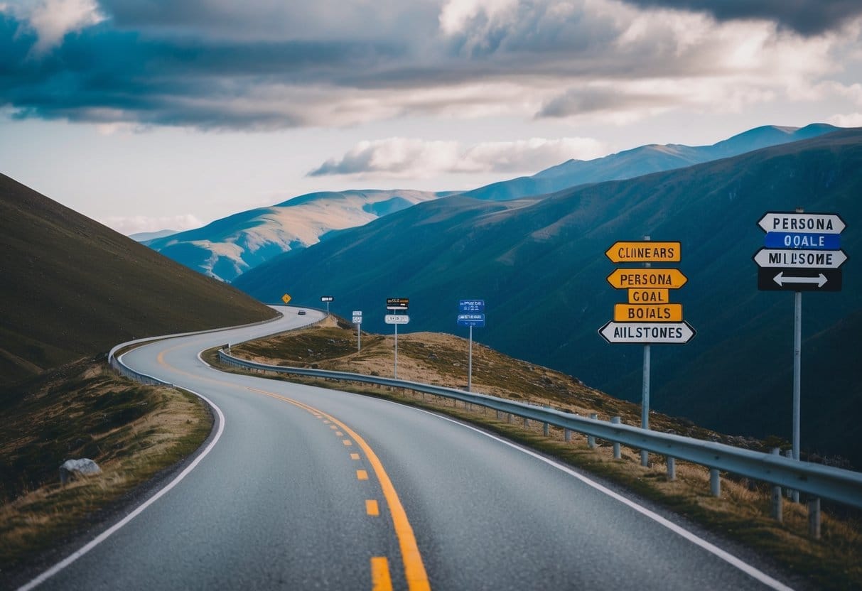 A winding road leading through a mountainous landscape, with signposts indicating different personal goals and milestones along the way