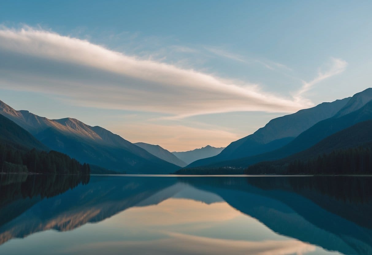 A serene landscape with a calm lake reflecting the surrounding mountains, under a peaceful sky with gentle clouds