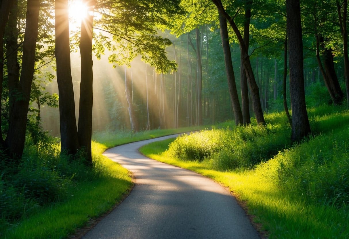 A winding path leads through a lush forest, with sunlight breaking through the trees, symbolizing the journey from resistance to alignment
