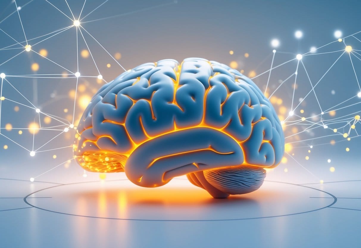 Close-up of a human brain model with glowing highlighted areas and digital neural connections around it.