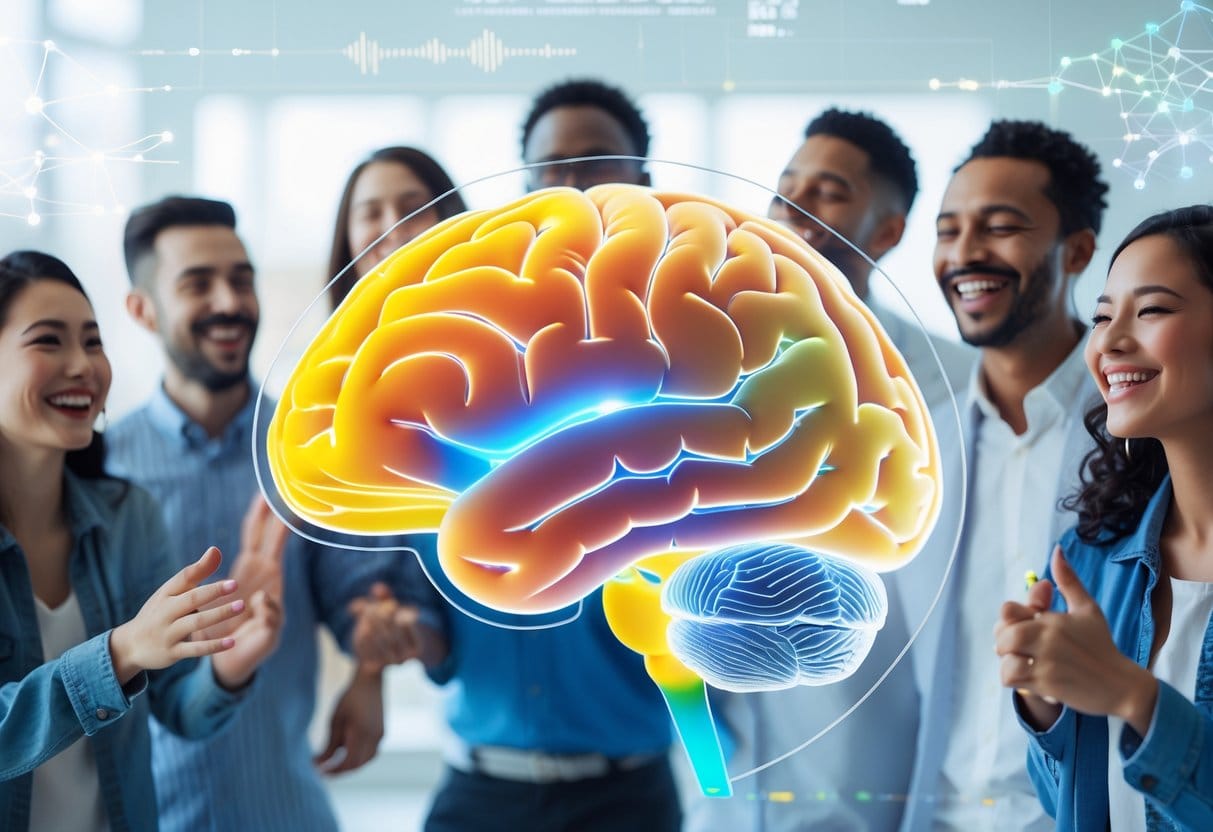 A group of smiling people with a semi-transparent 3D illustration of a human brain showing highlighted reward system areas in the background.
