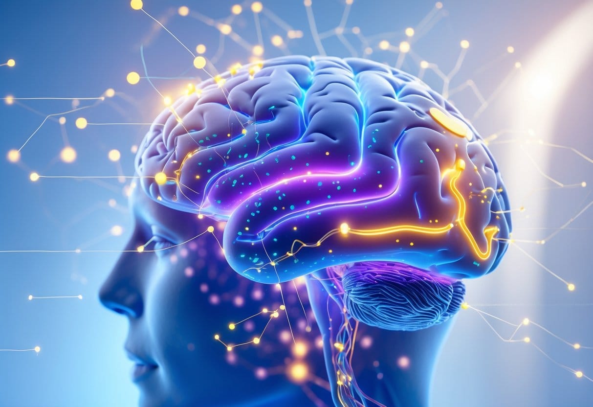 Close-up view of a human brain model with glowing neural pathways and abstract representations of neurotransmitters, illustrating brain activity related to reward and happiness.