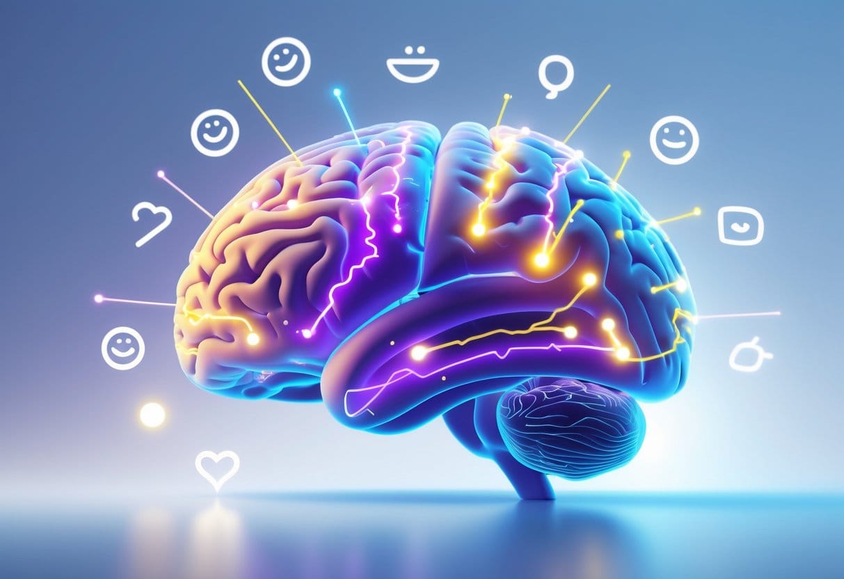 Close-up of a human brain with glowing neural pathways and icons representing happiness and positive emotions around it.