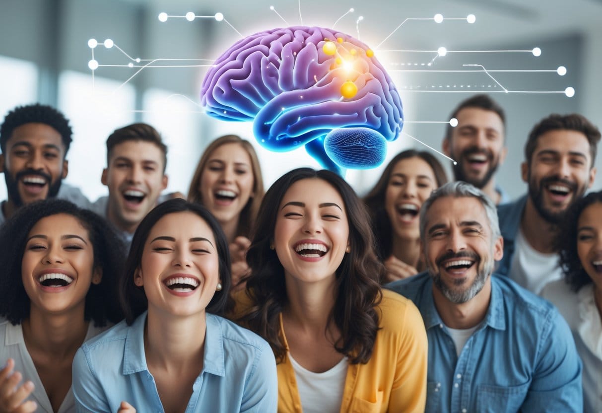 A diverse group of people smiling and laughing with a glowing digital illustration of a human brain and neural pathways in the background.