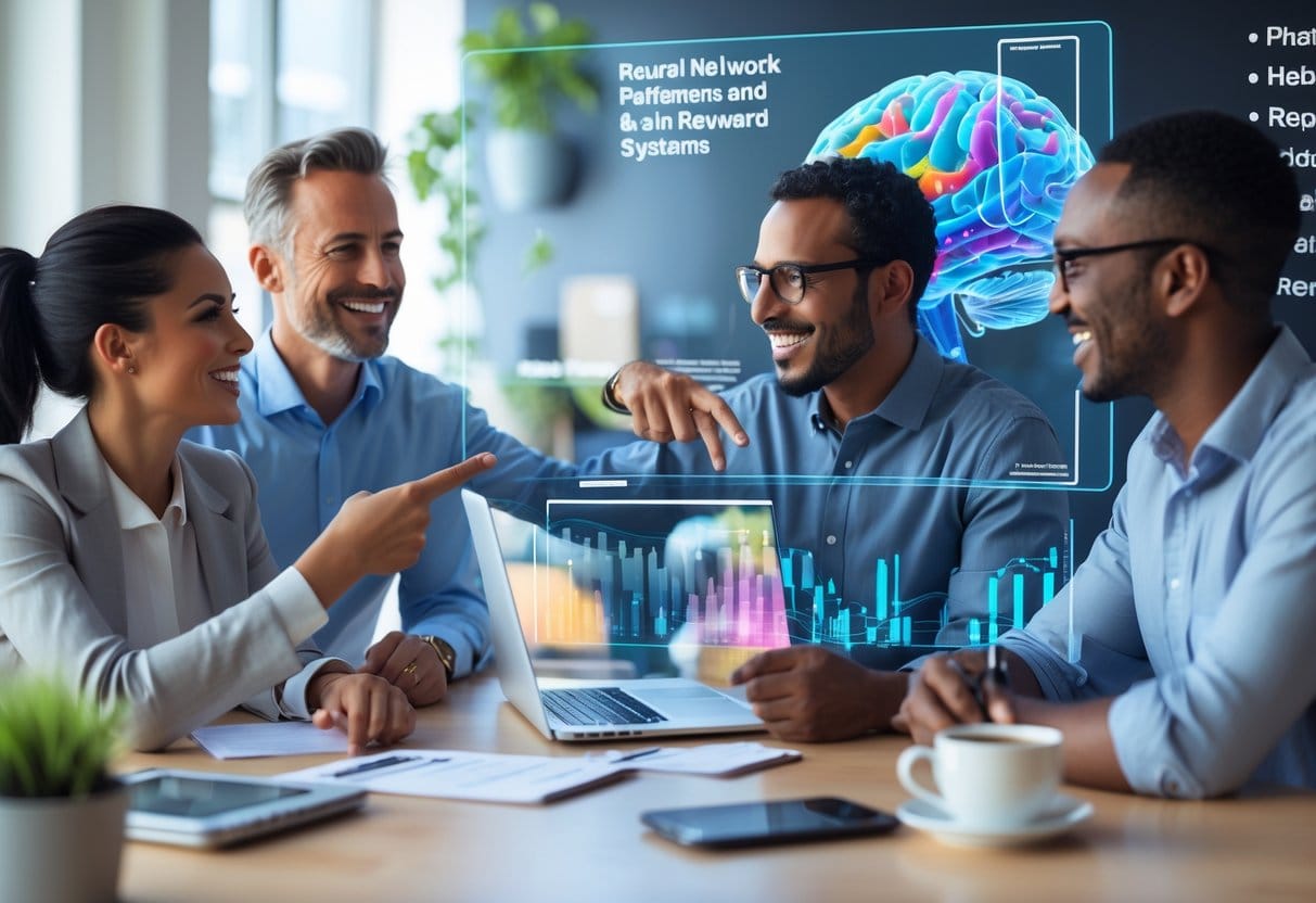 Three adults collaborating around a digital screen showing colorful brain network visuals in a bright office setting.