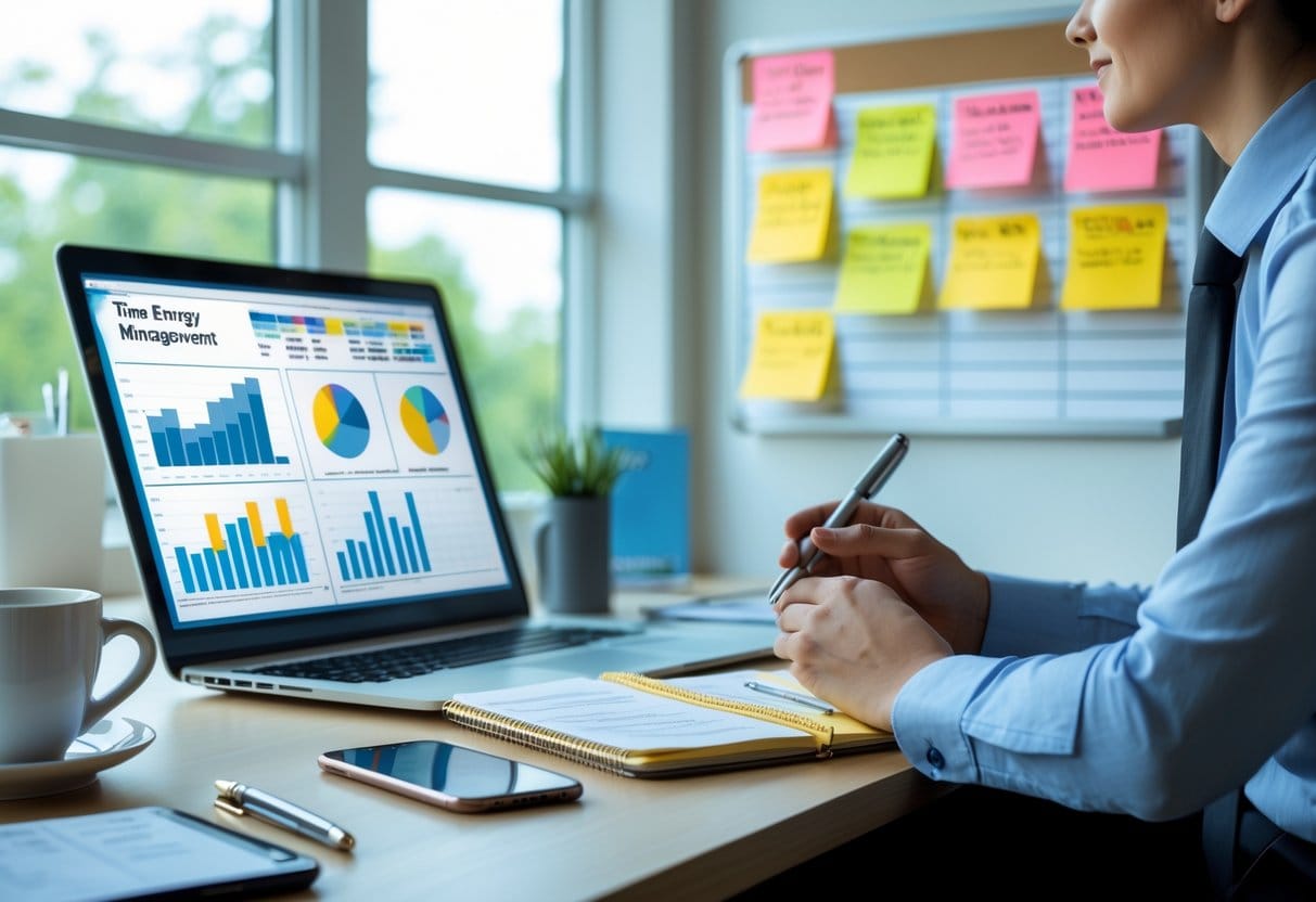A modern office workspace with a laptop, planner, smartphone, and coffee cup, showing a person reviewing notes and schedules on a whiteboard.