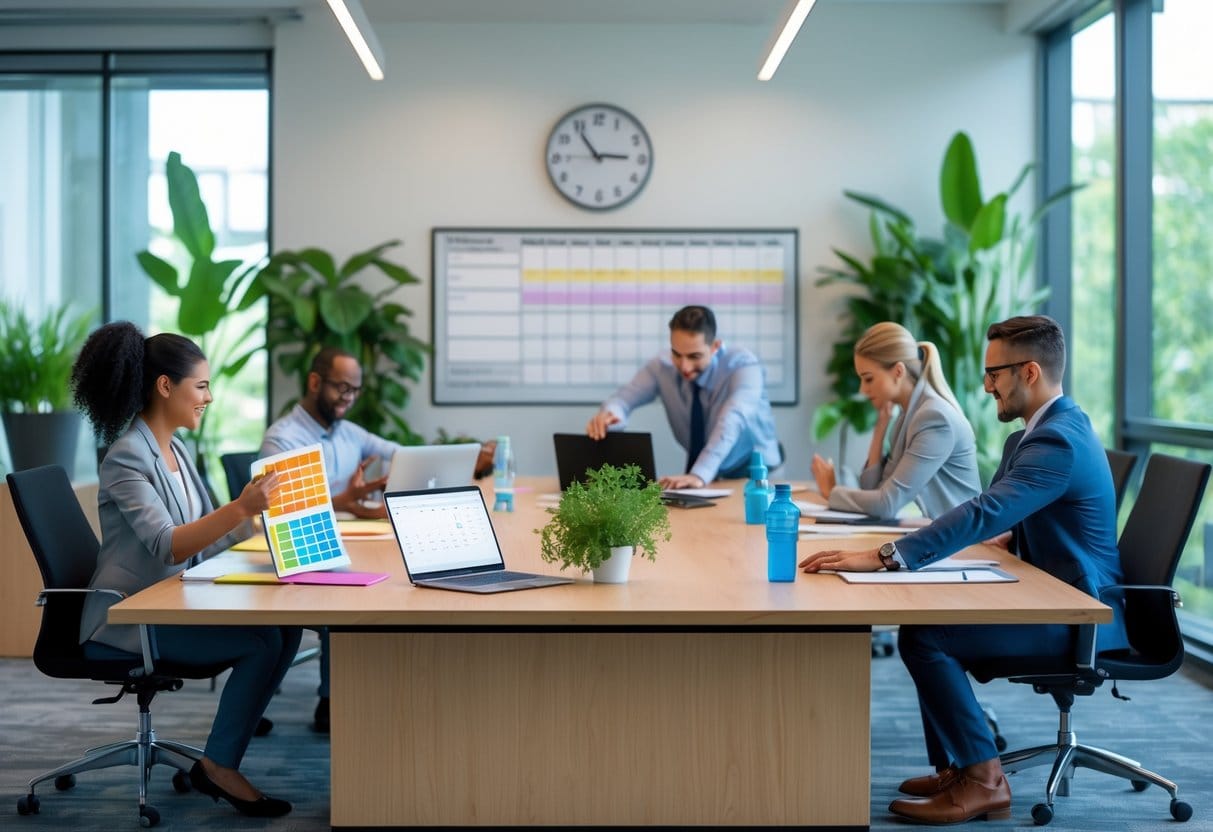 A group of professionals in an office collaborating around a table, with one organizing a planner and another taking a break, illustrating energy and time management.