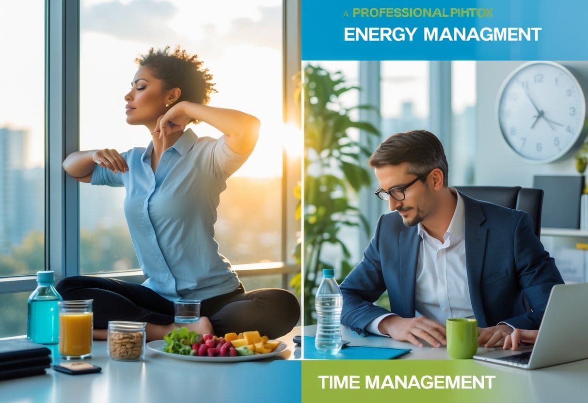 Two business professionals in an office, one taking a mindful break with sunlight and healthy snacks, the other organizing tasks at a desk with a planner and laptop.
