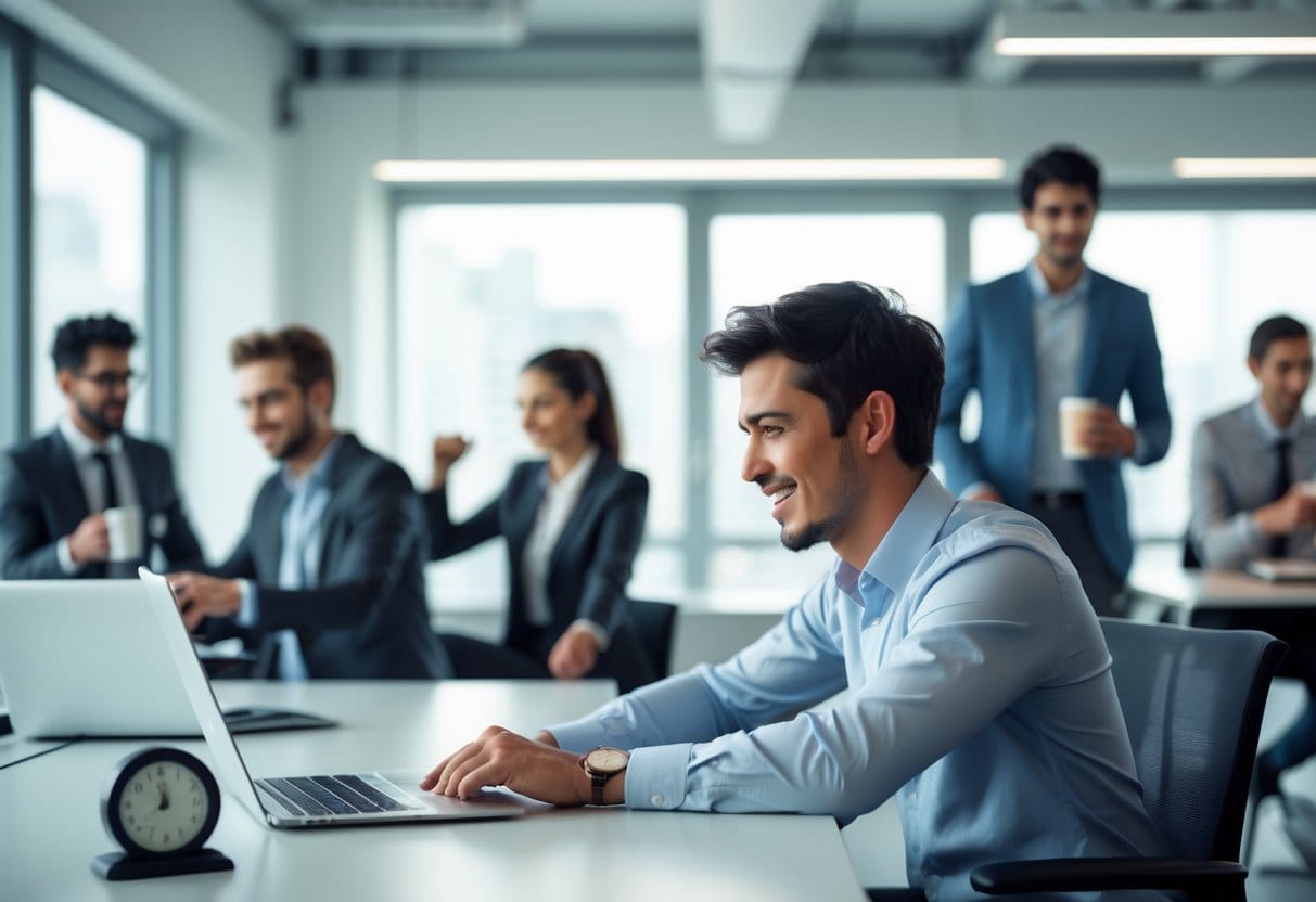 A person taking a mindful break at a desk in an office while colleagues work and relax nearby.
