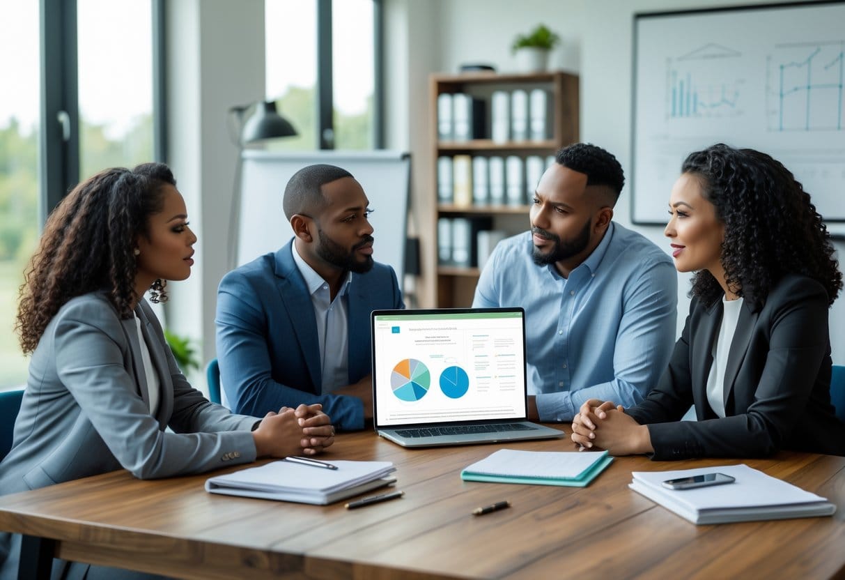 Four people sitting around a table in an office, engaged in a thoughtful discussion with notebooks and a laptop.