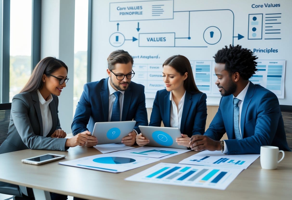 Four business professionals collaborating around a conference table in a bright office, reviewing documents and digital devices.
