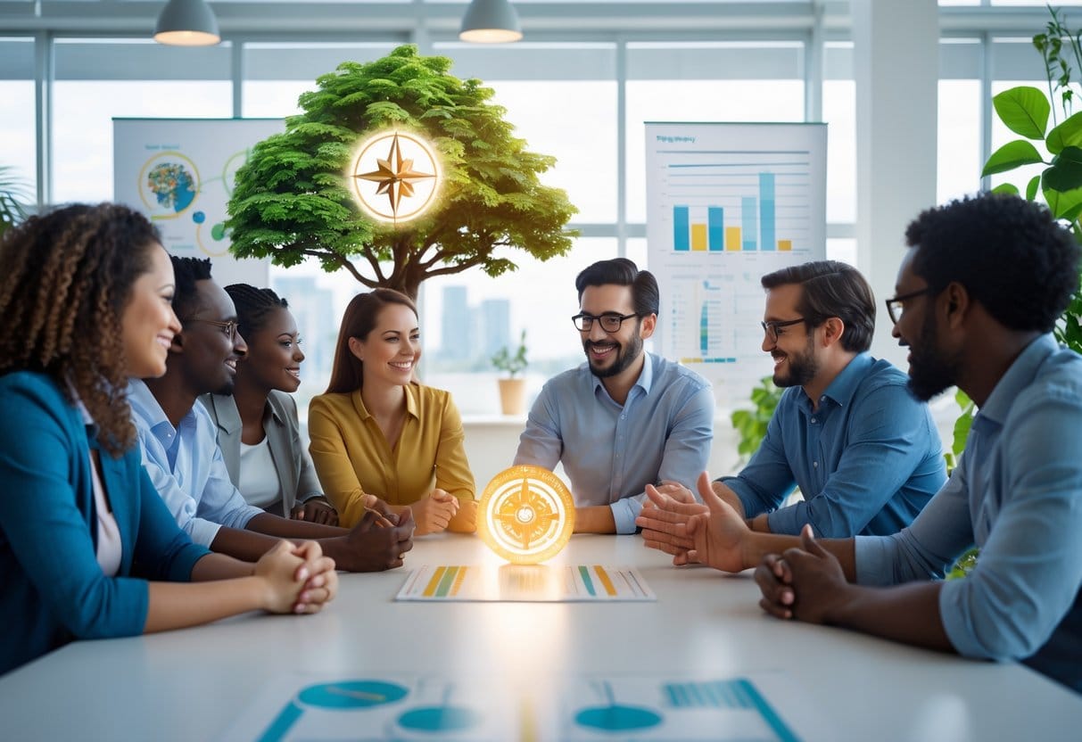 A group of people having a thoughtful discussion around a table in a bright office with symbols representing core values like a compass, tree, and connected hands.