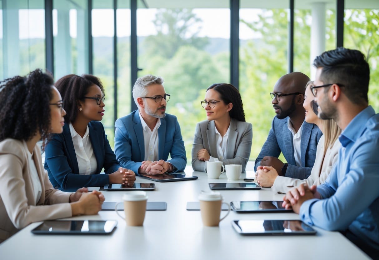 A diverse group of people having a thoughtful discussion around a conference table in a bright office.