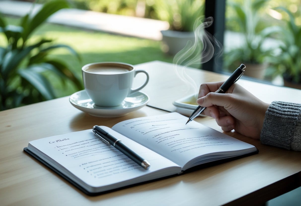 A workspace with an open notebook, pen, and a cup of coffee on a wooden desk near a window overlooking a garden, with hands poised to write.