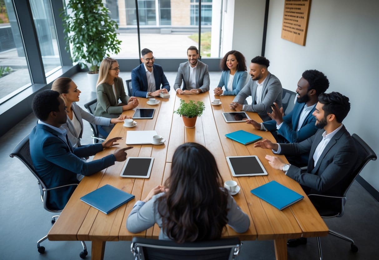 A diverse group of people sitting around a table in an office, engaged in a collaborative discussion.