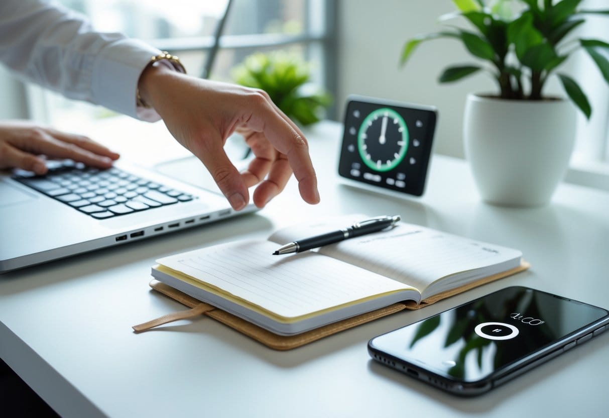 A modern workspace with a laptop, open notebook, smartphone showing a one-minute timer, and a hand reaching toward the notebook.