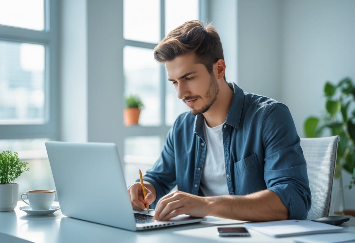 A young adult at a desk starting a small task on a laptop in a bright, modern workspace with natural light and a plant nearby.
