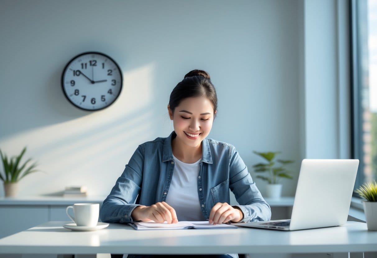 A person sitting at a desk in a bright office, quickly completing a small task with a clock showing one minute on the wall.