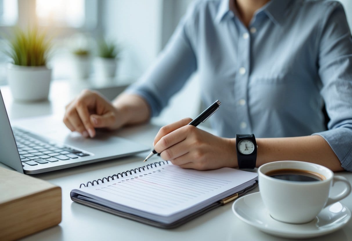 Person sitting at a desk with a notebook and timer, preparing to start a small task in a bright workspace.