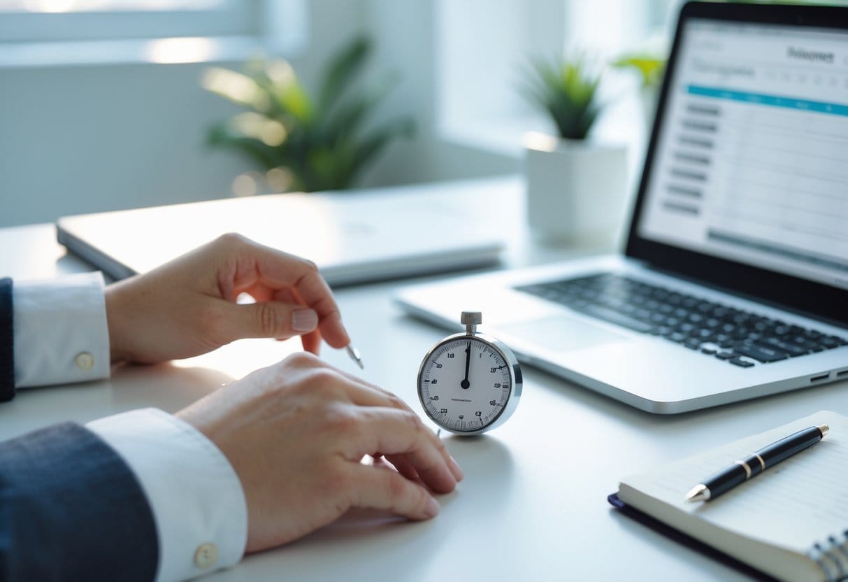 A person setting a small timer on a desk with a notebook and laptop in a bright office workspace.