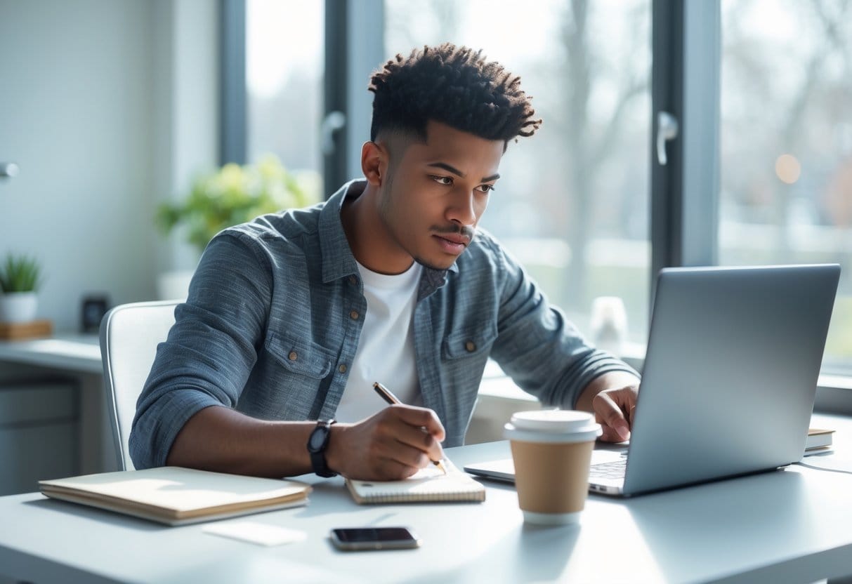 A young adult focused at a desk, writing a note and setting a timer on a smartphone in a bright office.
