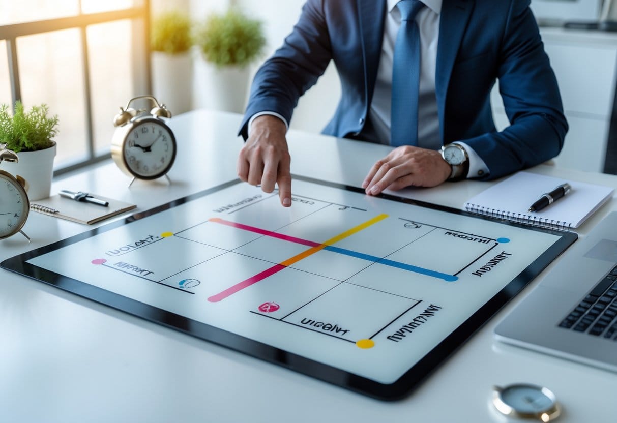 A business professional interacting with a four-quadrant matrix on a desk surrounded by productivity tools like a clock, calendar, and laptop.