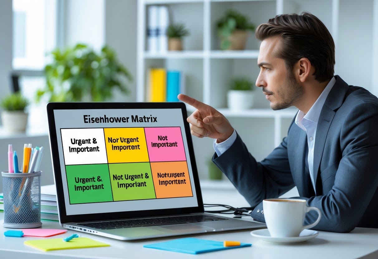 A person in a modern office pointing at a laptop screen displaying a four-quadrant matrix for task prioritization, with sticky notes and office supplies on the desk.