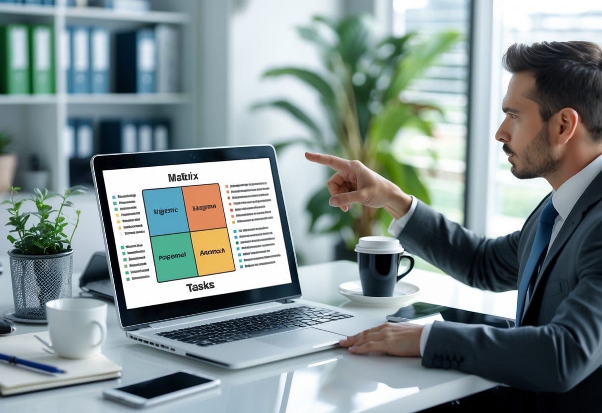 A business professional pointing at a laptop screen showing a four-quadrant task matrix on a clean office desk with office supplies and natural light in the background.