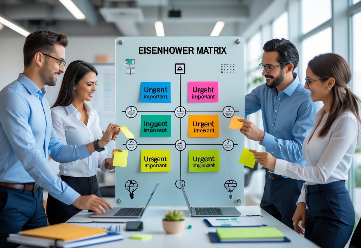 A group of professionals in an office collaboratively organizing tasks on a large color-coded matrix chart representing urgent and important priorities.