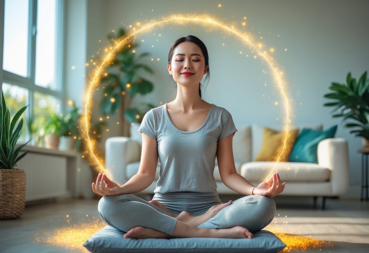 A young woman sitting cross-legged on a cushion in a bright room with plants, meditating peacefully with her eyes closed and smiling gently.