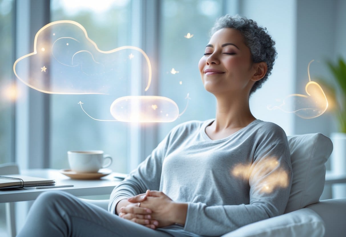 A calm person sitting in a bright room with eyes closed and a gentle smile, surrounded by soft glowing shapes representing positive thoughts.