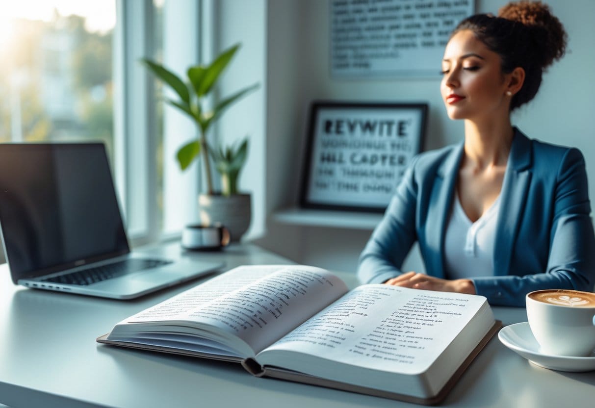 A person in a calm workspace with a notebook, laptop, and plants, appearing thoughtful and focused.