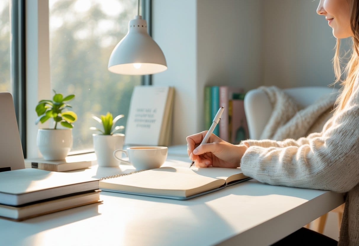 A person writing in a journal at a bright desk near a window with sunlight, surrounded by a plant and a cup of tea.