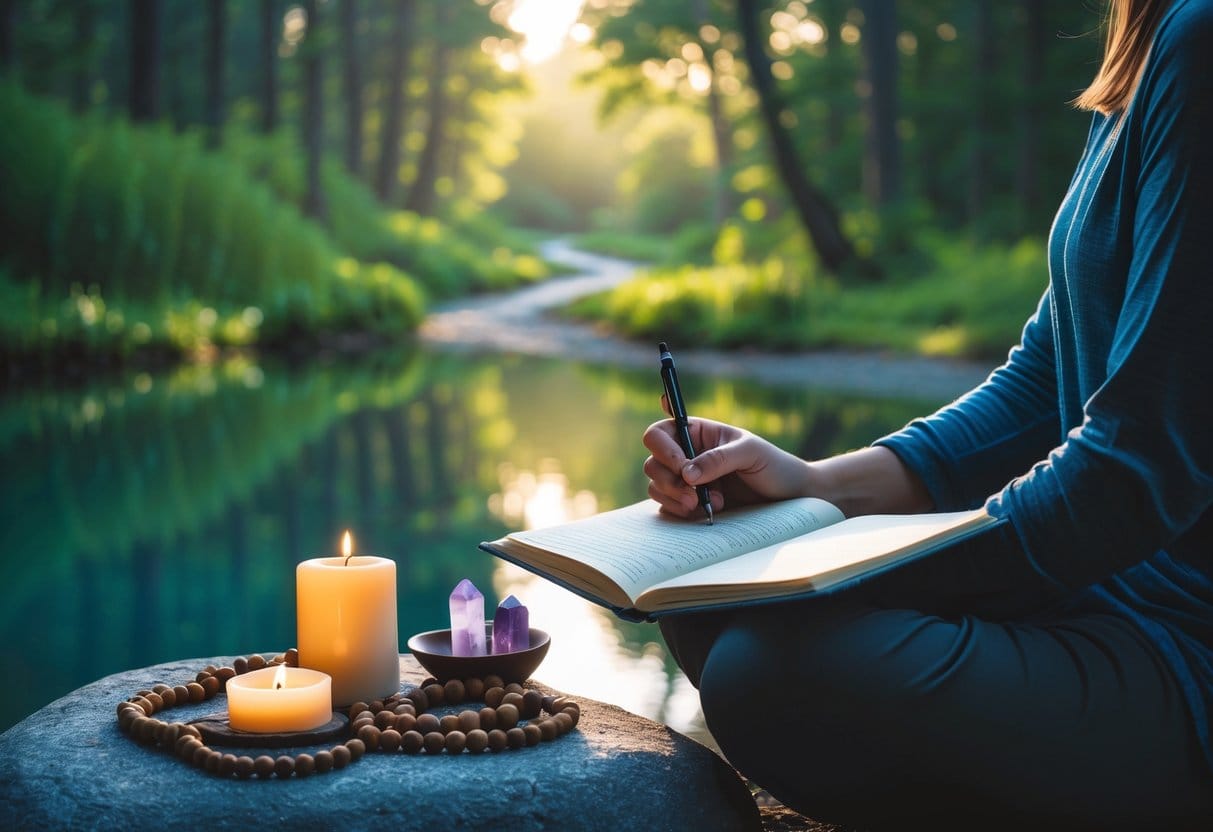 A person sitting by a calm lake with a journal, surrounded by nature and mindfulness items, symbolizing a journey of self-discovery.