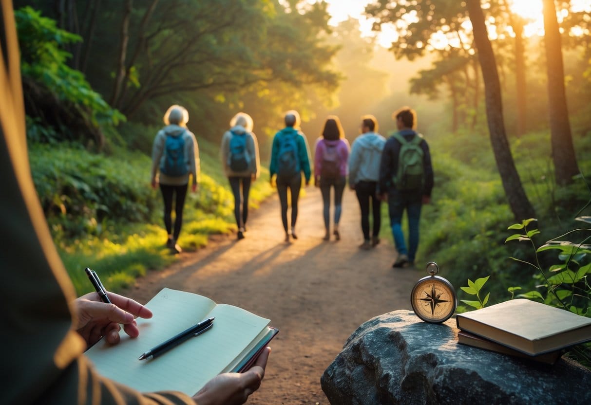 A group of people walking along a forest path at sunrise, with one person holding a journal and pen, surrounded by nature and symbolic items like a compass and books.