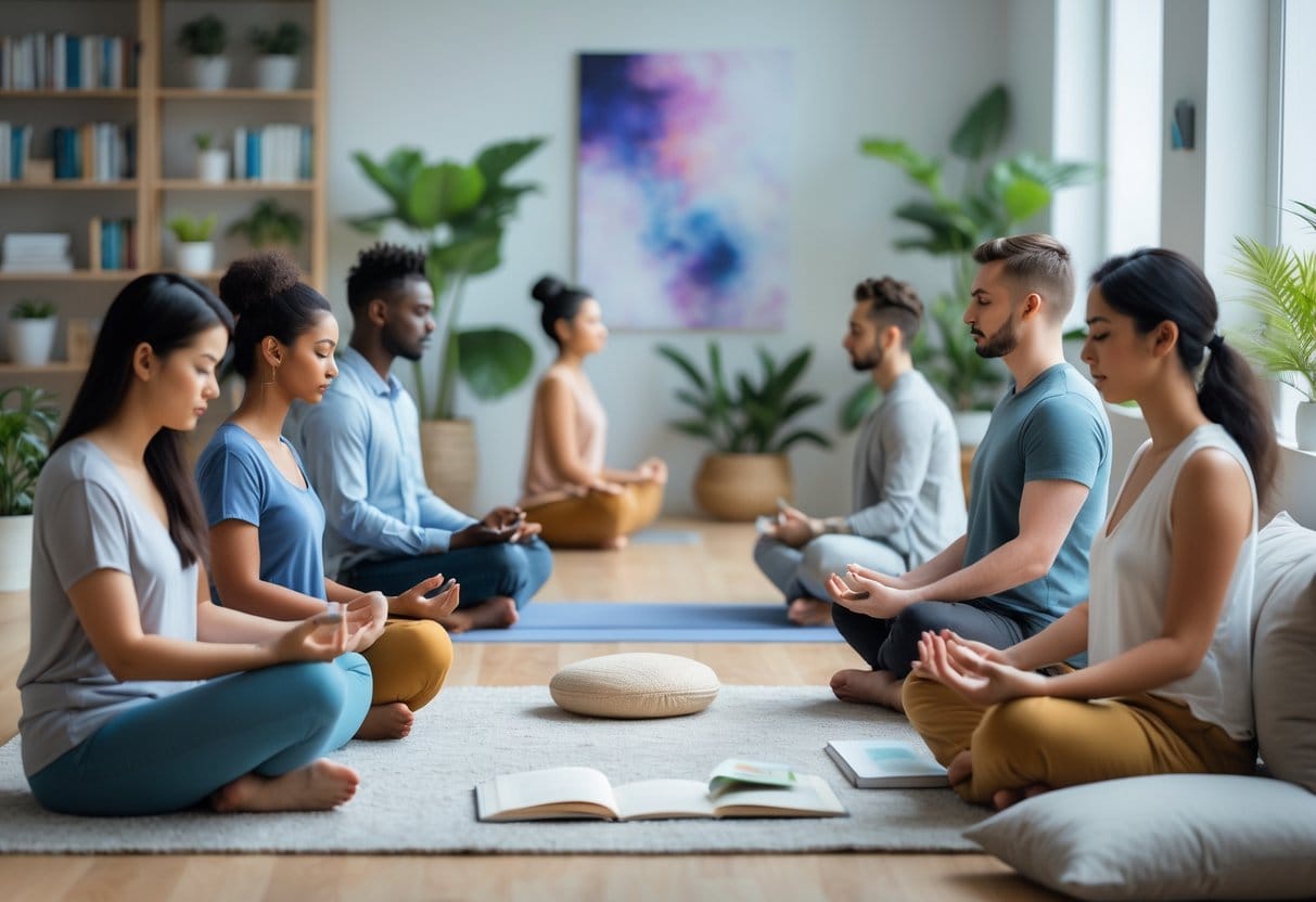 A group of people in a bright room practicing mindfulness and journaling, surrounded by plants and cozy furniture.