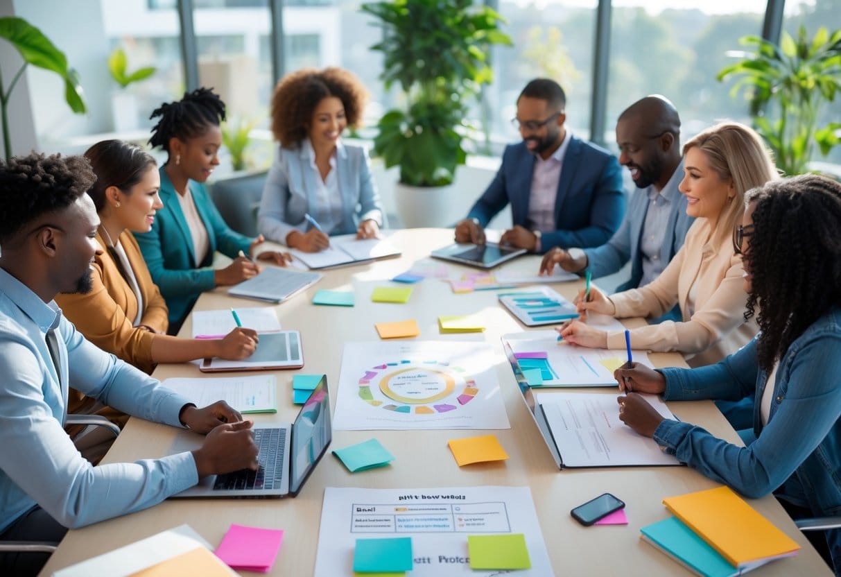 A diverse group of people sitting around a table, engaged in a workshop on personal growth and self-discovery, using notebooks and charts in a bright room.