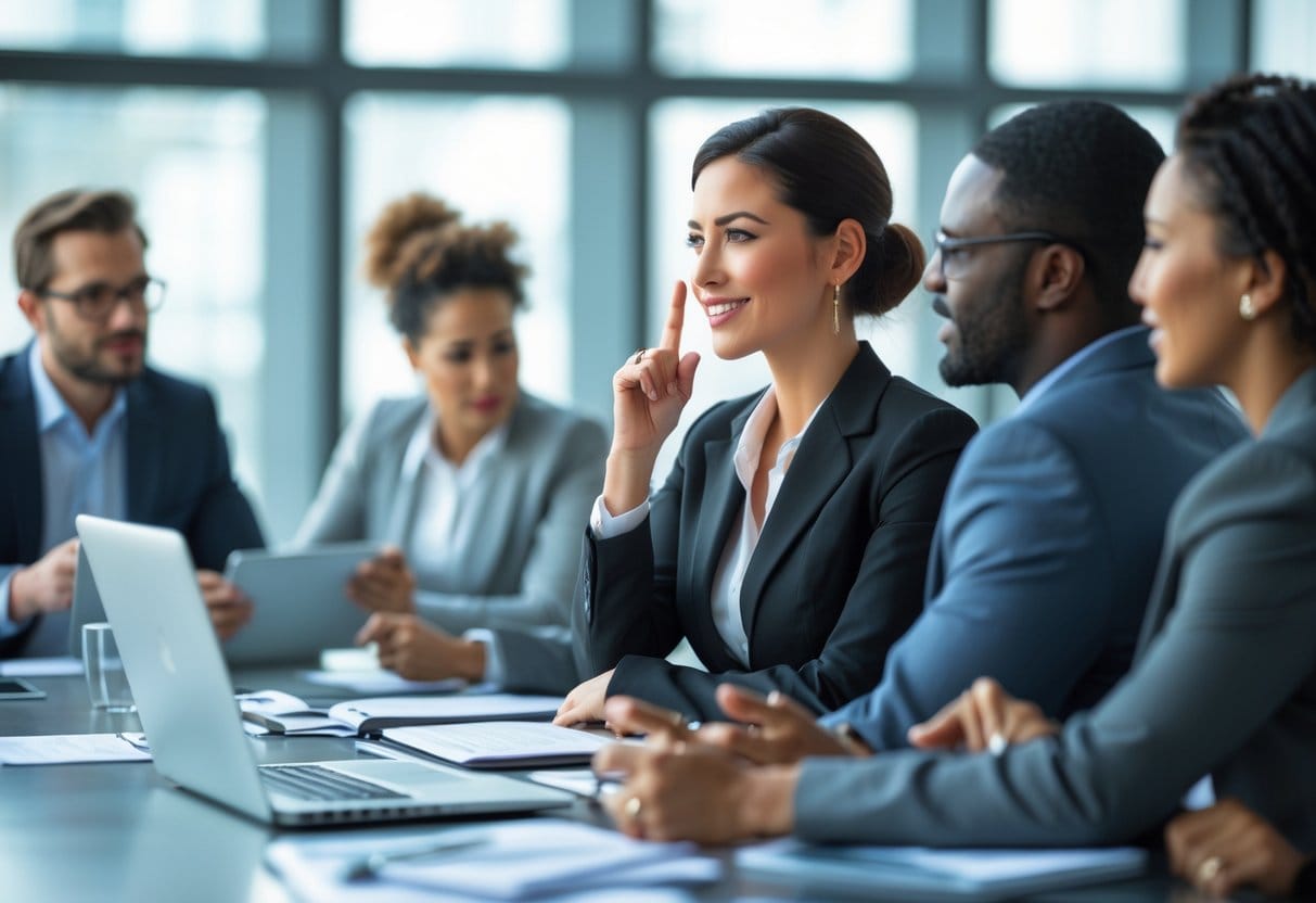 A businesswoman nodding thoughtfully during a meeting with colleagues around a conference table.