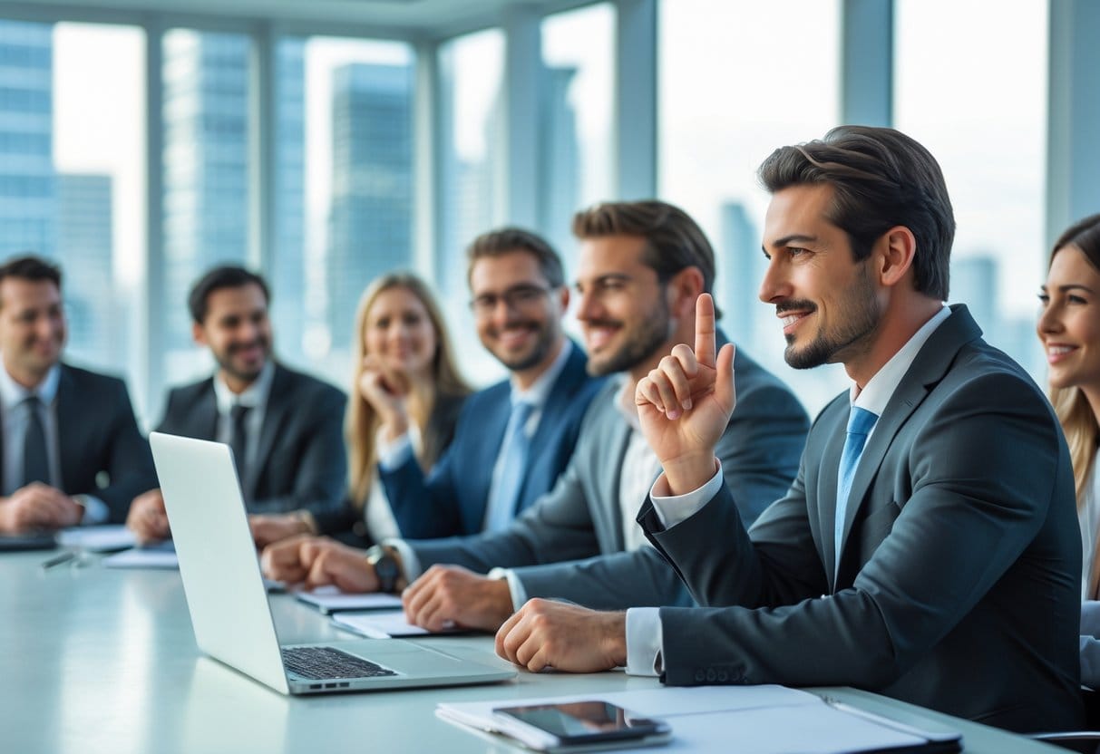 A businessperson nodding thoughtfully in a modern office meeting with colleagues around a conference table.