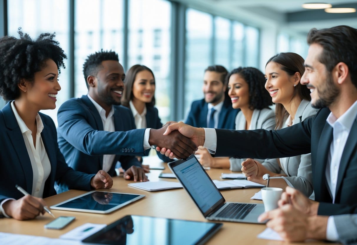 Two businesspeople shaking hands across a conference table while colleagues smile and engage in a meeting in a modern office.