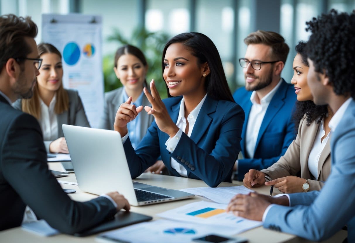 A businesswoman confidently discussing ideas with colleagues around a conference table in a modern office.