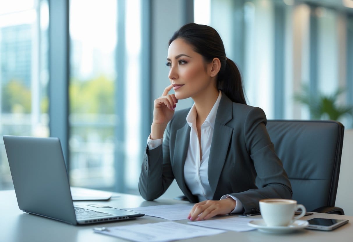 A businesswoman sitting at a desk in an office, thoughtfully considering a decision with papers and a laptop in front of her.