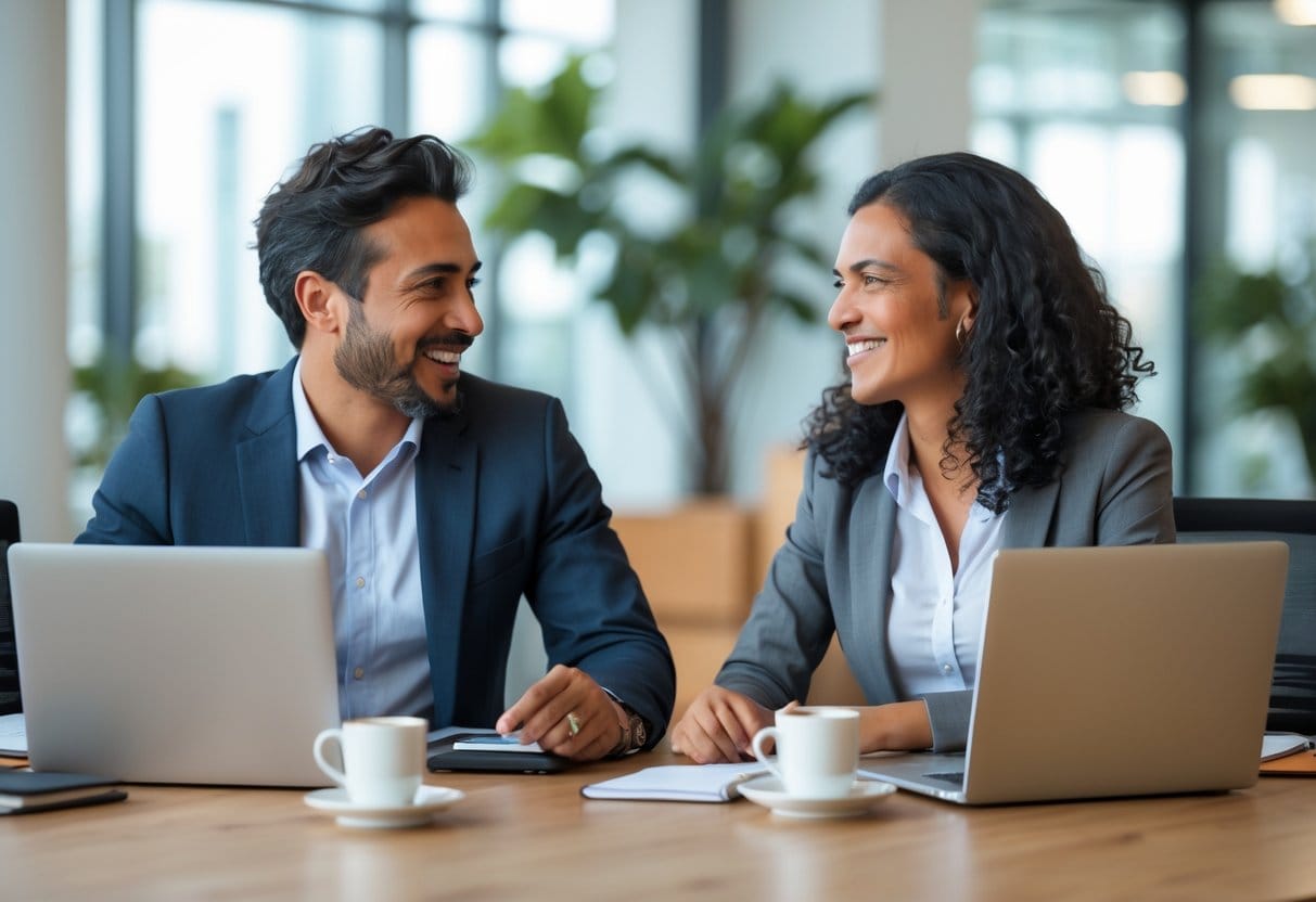 Two business colleagues smiling and talking at a conference table in a bright office.