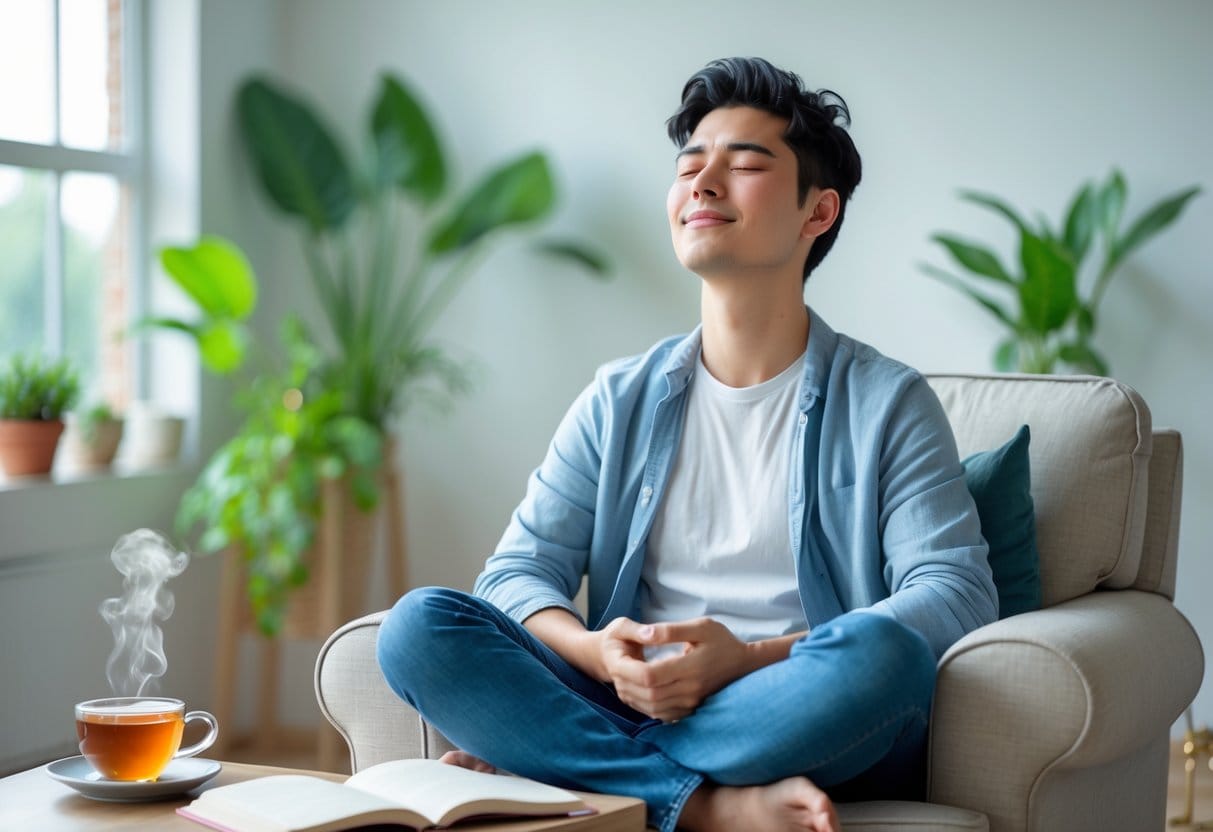 A person sitting peacefully in a bright room with plants, eyes closed and smiling, surrounded by calming elements like tea and a journal.