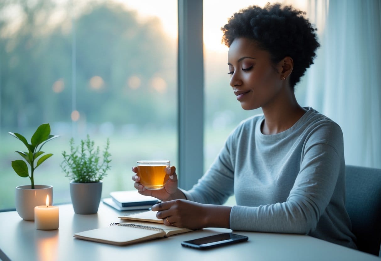 A person sitting calmly at a desk by a window holding a cup of tea with a notebook and plant nearby.