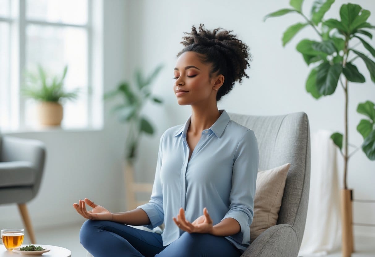 A person sitting peacefully with eyes closed, practicing breathing exercises in a bright, calm room.