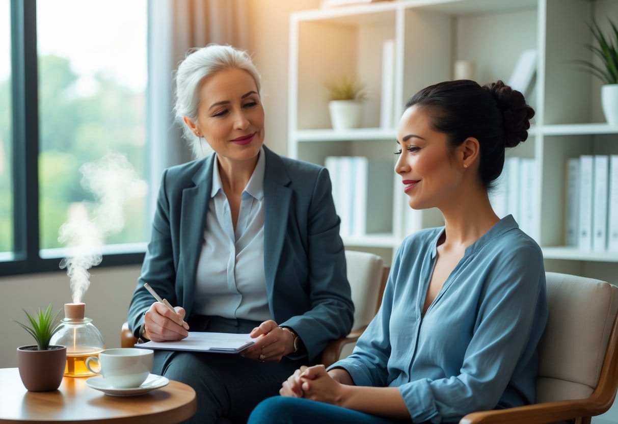 A therapist and a client sitting in a bright office, engaged in a calm and supportive conversation.